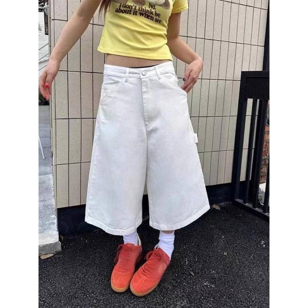 Men's Clothing White Denim Shorts Thin A Line Straight Slim Loose Mid Length Pants Trendy Versatile Cropped Pants_mkmklike.com