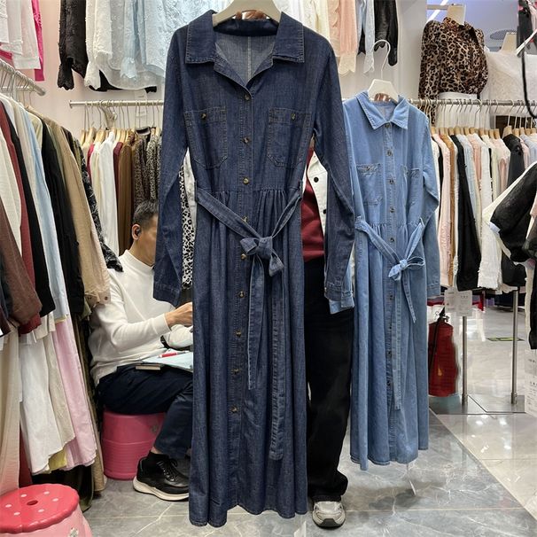 Retro Style Slimming Denim Dress For Women With Lapel Collar Topstitching Tie Waist Long Sleeves Spring Summer New_mkmklike.com