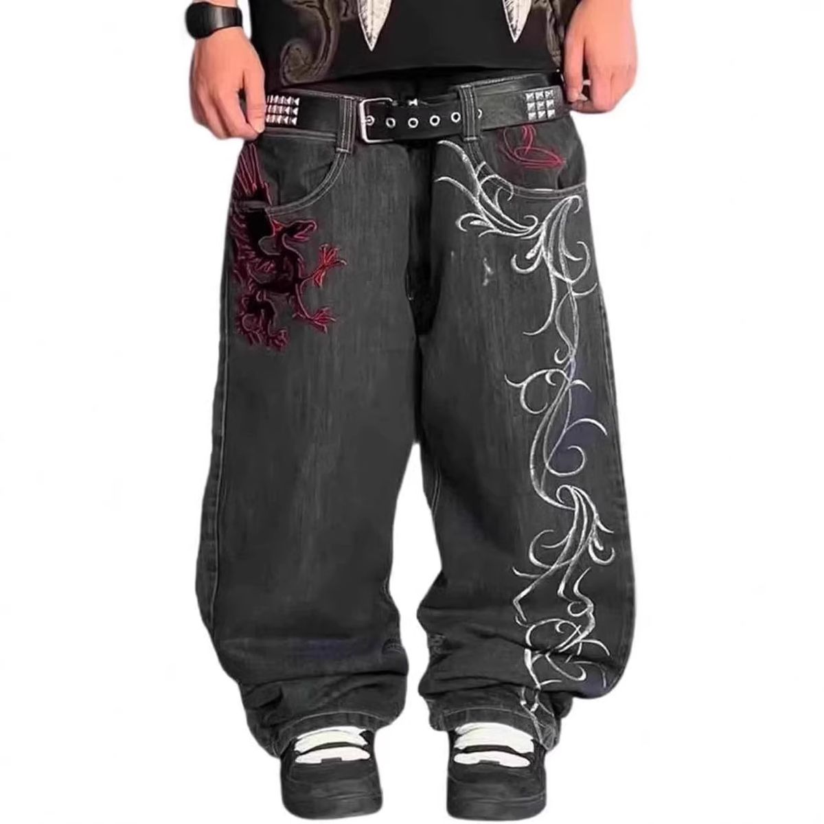 Men's Clothing Men's Dark Gothic Style Retro Straight Leg Jeans High Street Embroidered Pants For Formal & Casual_mkmklike.com