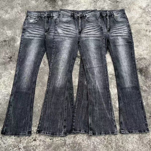 Vintage Black Denim Jeans – Distressed Lightning Wash With High-Rise Flare & Hand-Painted Details_mkmklike.com