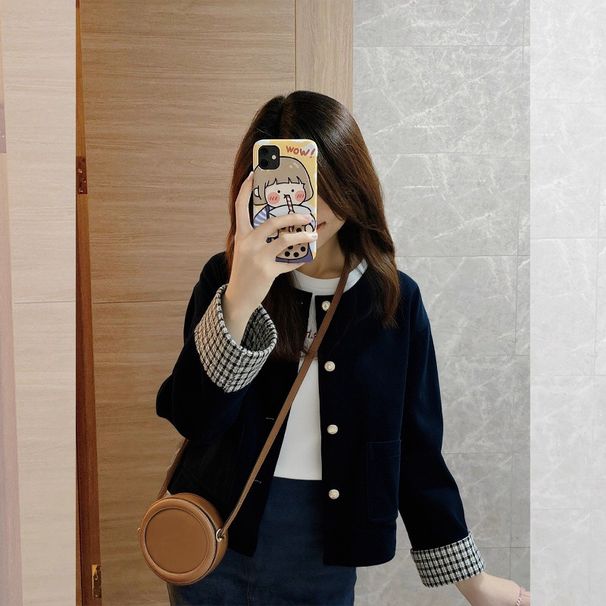 2026 Autumn New High-End Elegant Vintage Plaid Patchwork Jacket Navy Corduroy Coat For Women Spring_mkmklike.com