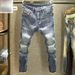 Vintage Men's Slim Straight Jeans With Distressed Patches & Stretch - Retro Autumn Style (Light Blue)_mkmklike.com