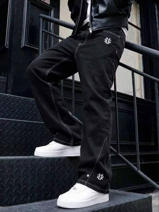 Men's Clothing "US" European And American Style Retro Washed Embroidered Straight Leg Jeans_mkmklike.com