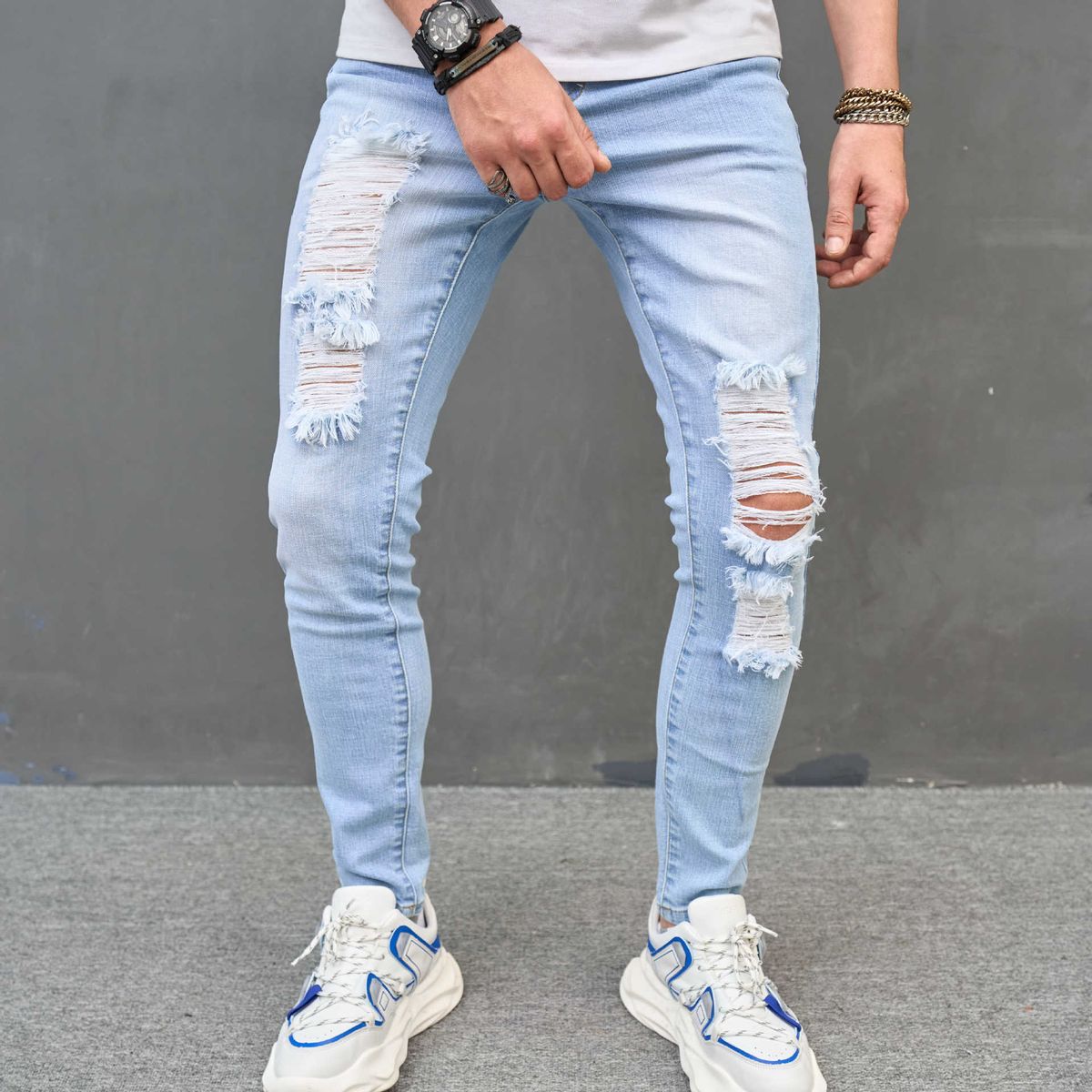 Men's Clothing Personalized Trendy New Casual Jeans Men's Slim Ripped Trousers High Street Tights_mkmklike.com