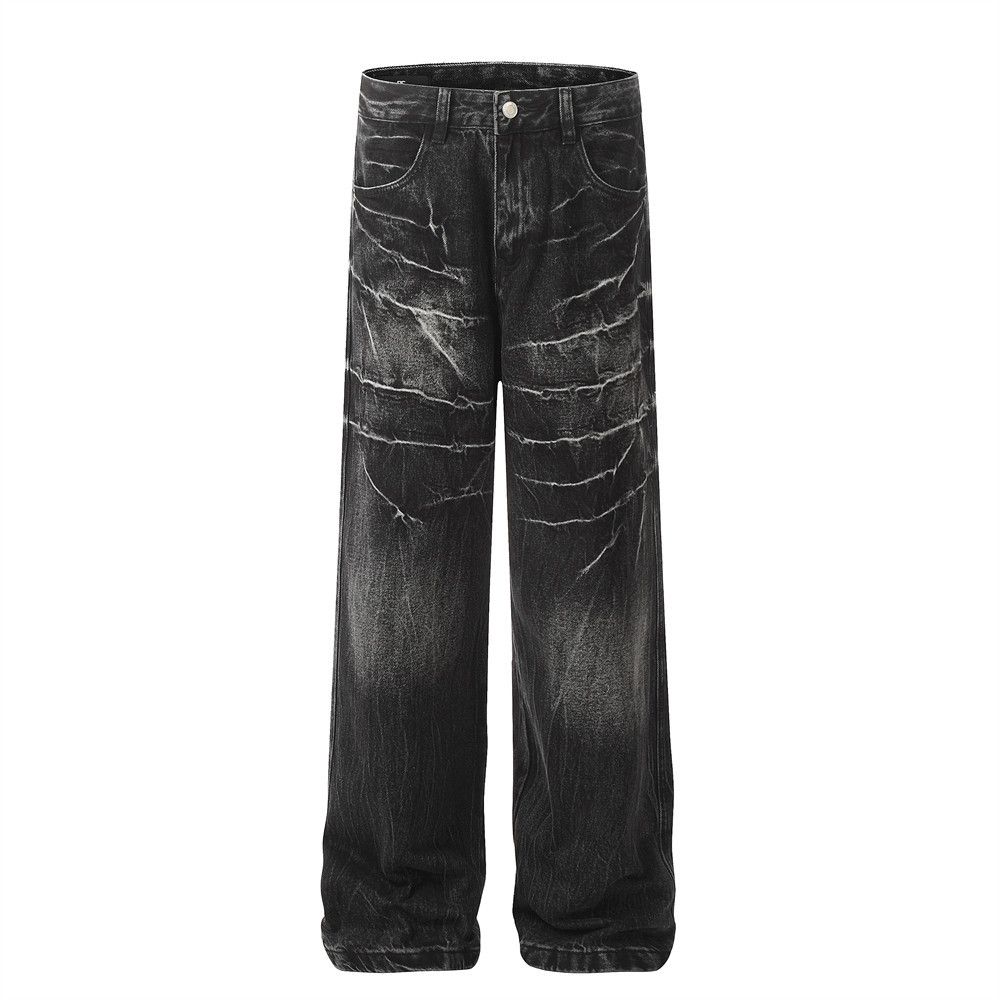 Tie-Dye Gradient Jeans Men's Vibe Trendy High Street Design Sense Niche Washed Loose Wide-Leg Straight Long Pants_mkmklike.com