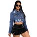 Women's Distressed Denim Jacket With Fringe Detail - Slim Fit Long Sleeve Blue Denim Shirt For Casual & Office Wear_mkmklike.com