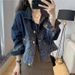Women's Clothing Gradient Leopard Print Denim Jacket Fashion Gradient Leopard Print Denim Jacket For Women - Slim Fit Casual Short Coat (Black/Blue)_mkmklike.com