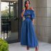 Women's Clothing One Shoulder Navel Baring Top Short Sleeved Wide Leg Solid Color Denim Suit For Women_mkmklike.com