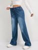 Women's Clothing High Waist Plus Size Wide Leg Comfortable Washed Denim Jeans With Drawstring - Trendy Casual Streetwear (XS-5XL, Deep Sky Blue)_mkmklike.com