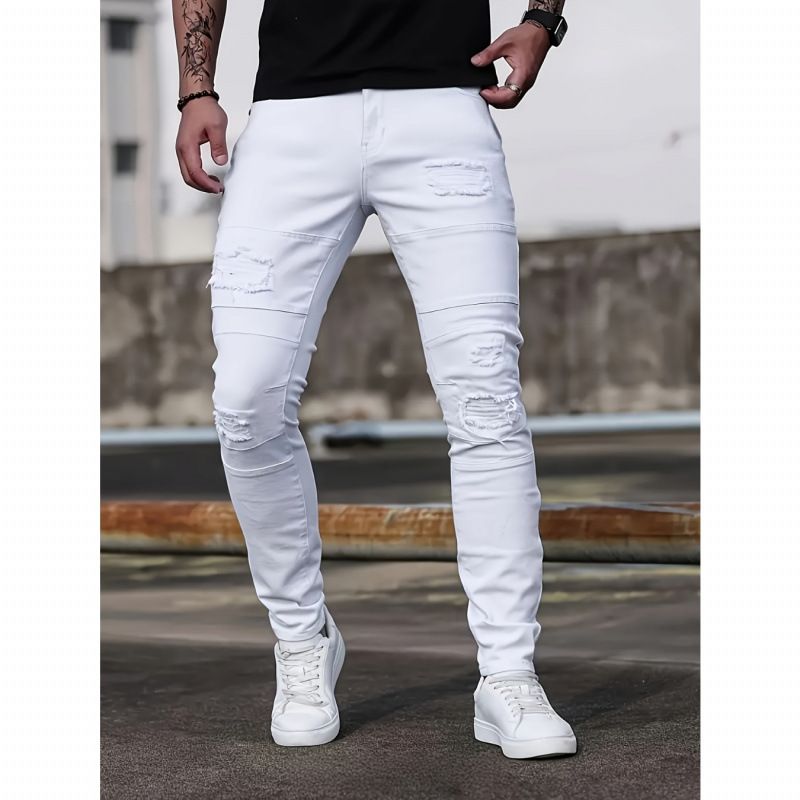 Classic Slim Fit Stretch Jeans Straight Leg Casual Men's Clothing White Stylish_mkmklike.com