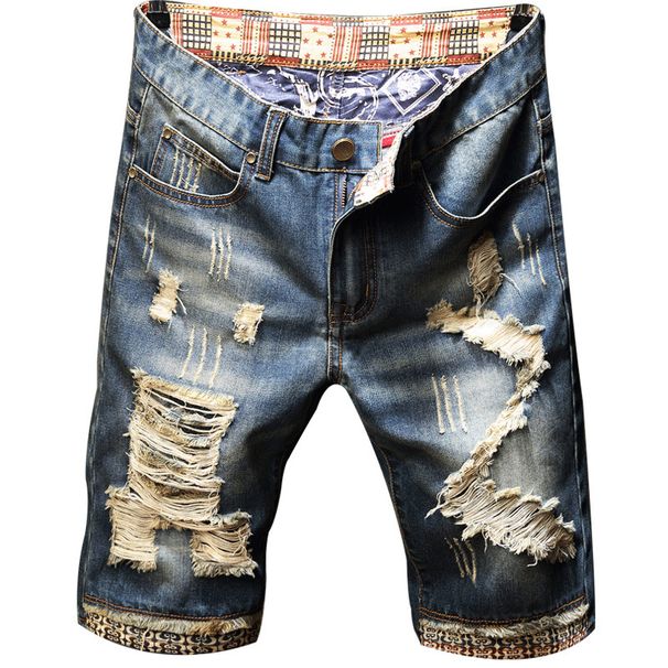 Men's Trendy Casual Fashion Stretch Slim Fit Ripped Mid Length Five Point Shorts Spring/Summer New Style Korean Style_mkmklike.com
