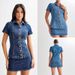 Women's Clothing Short Sleeved Denim Button Lapel Top High Waist Skirt Suit_mkmklike.com