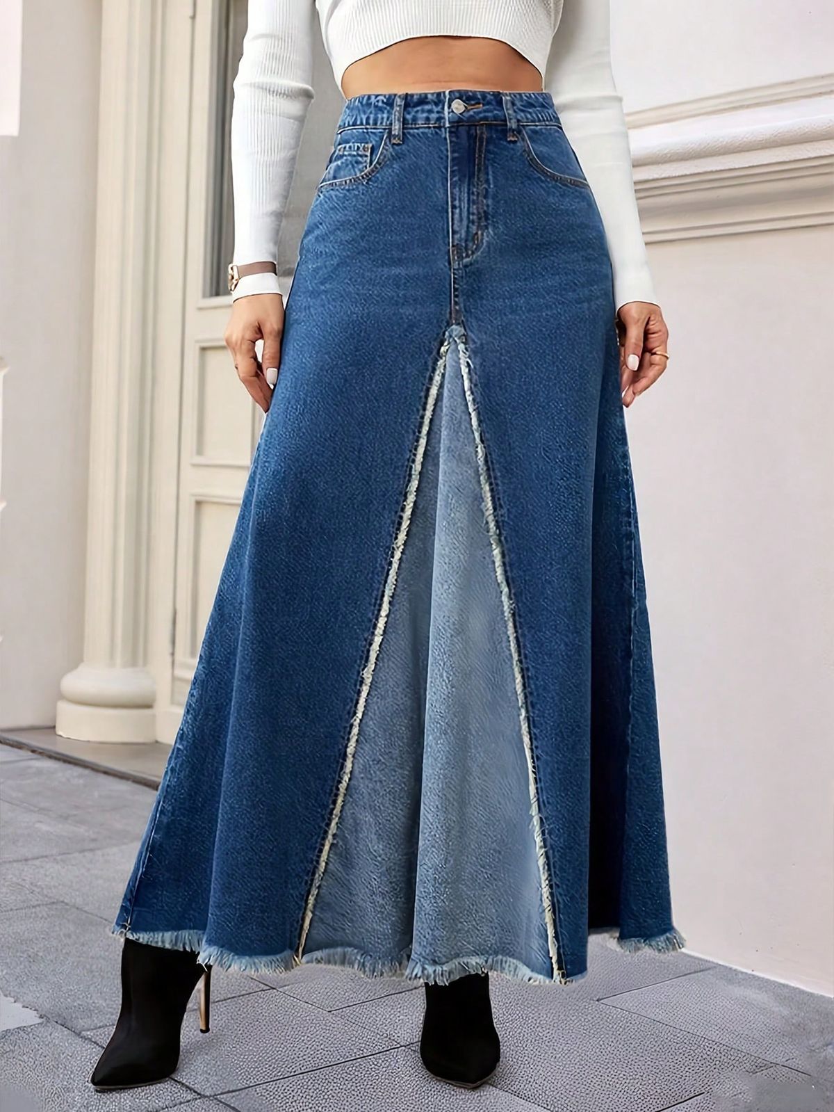 Summer New Women's Large Skirt Patchwork Denim A-Line Long Skirt With Frayed Edges Style Clothing_mkmklike.com