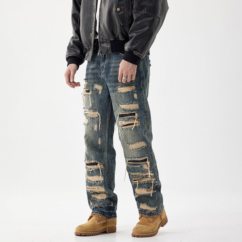Men's Clothing Random Needlework Denim Fashion Brand American Retro Ripped Patch Jeans Men's Street Style Handsome Straight Trousers Men_mkmklike.com