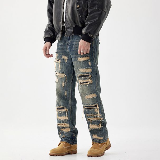 Men's Clothing Random Needlework Denim Fashion Brand American Retro Ripped Patch Jeans Men's Street Style Handsome Straight Trousers Men_mkmklike.com
