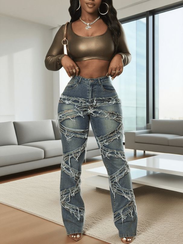 Plus-Size Vintage Flare Jeans – High-Waisted, Distressed & Patchwork For Women_mkmklike.com