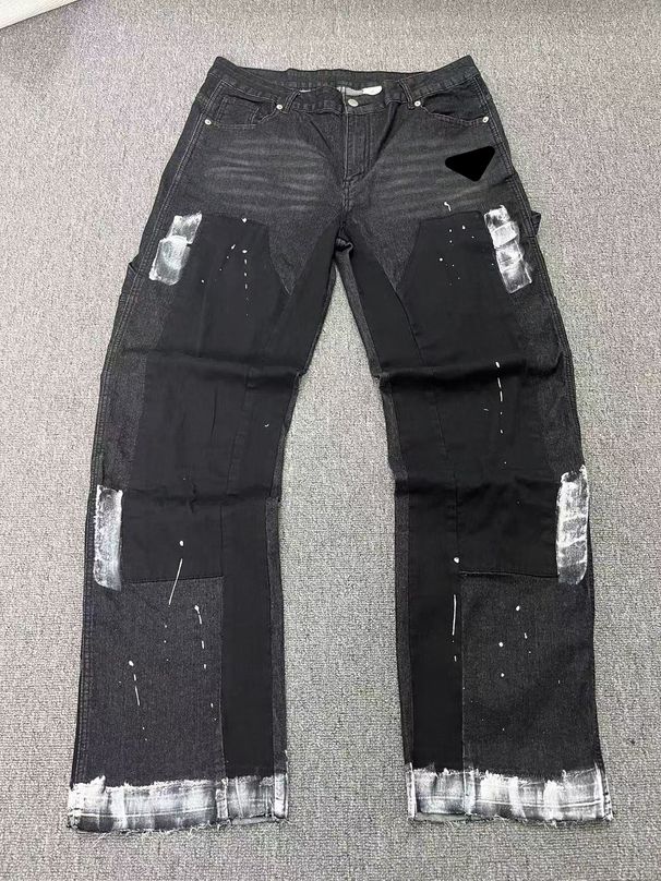 Men's Clothing Menswear Trendy Patchwork Distressed Washed Denim Cargo Pants With Hand Painted Details, Black Briefs._mkmklike.com