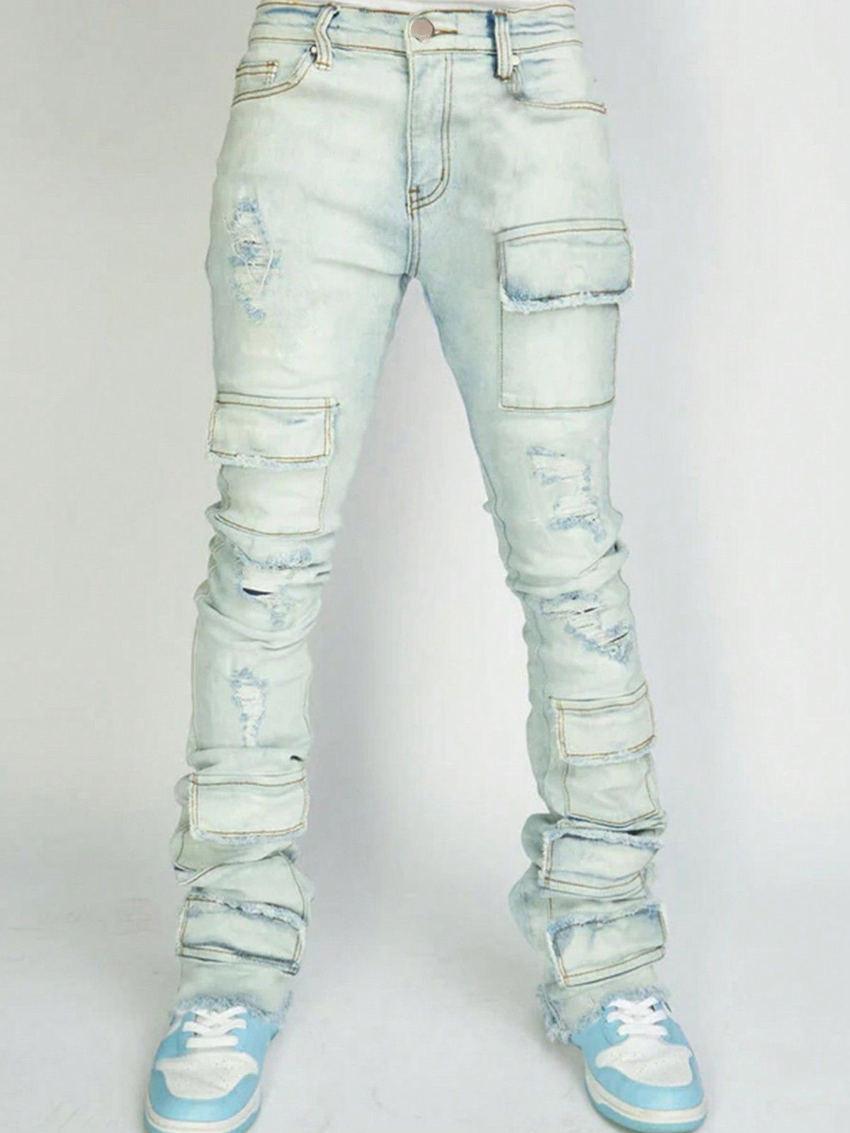 Men's Clothing Men's Straight Leg Denim Workwear Pants Fashionable Style Elastic Waist Hole Design Layered Flared Jeans_mkmklike.com