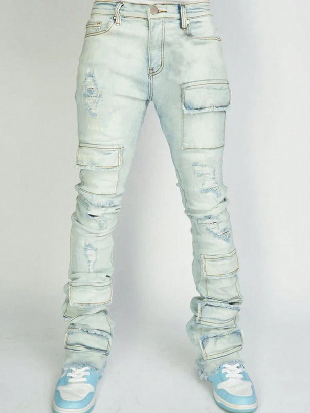 Men's Clothing Men's Straight Leg Denim Workwear Pants Fashionable Style Elastic Waist Hole Design Layered Flared Jeans_mkmklike.com