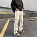 American Vintage Frayed Distressed Jeans For Men, Trendy High Street Brand Vibe, Straight Leg With Slight Flare, White Trousers._mkmklike.com