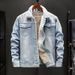 Men's Fleece-Lined Denim Jacket - Winter Warm Thickened Cotton Coat, Slim Fit Casual Stylish Outerwear With Multiple Pockets (Dark Blue/Light Blue)_mkmklike.com