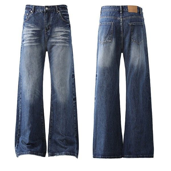 Vintage Washed Distressed Straight Jeans For Men & Women - Mid Waist Slim Fit Comfortable Denim Pants With Cat Whisker Details_mkmklike.com