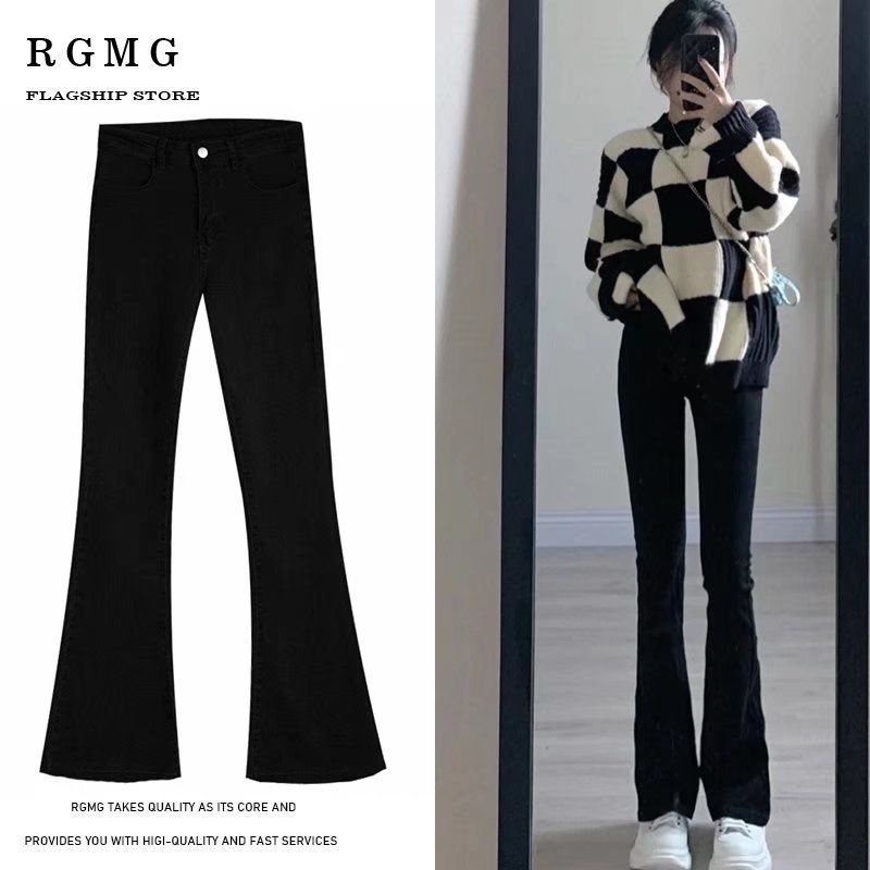 Women's Flared Jeans 2023 New Spring And Autumn High-waisted Slim-fit Black Bootcut Pants For Petite Figures_mkmklike.com