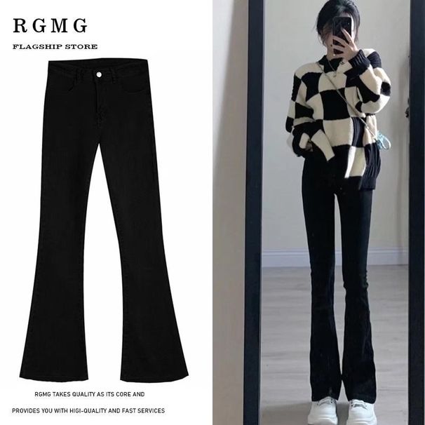 Women's Flared Jeans 2023 New Spring And Autumn High-waisted Slim-fit Black Bootcut Pants For Petite Figures_mkmklike.com