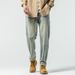 Jeans Men's Trousers Elastic Small Feet Retro Washed Scratch Craft Middle Waist Retro Blue_mkmklike.com