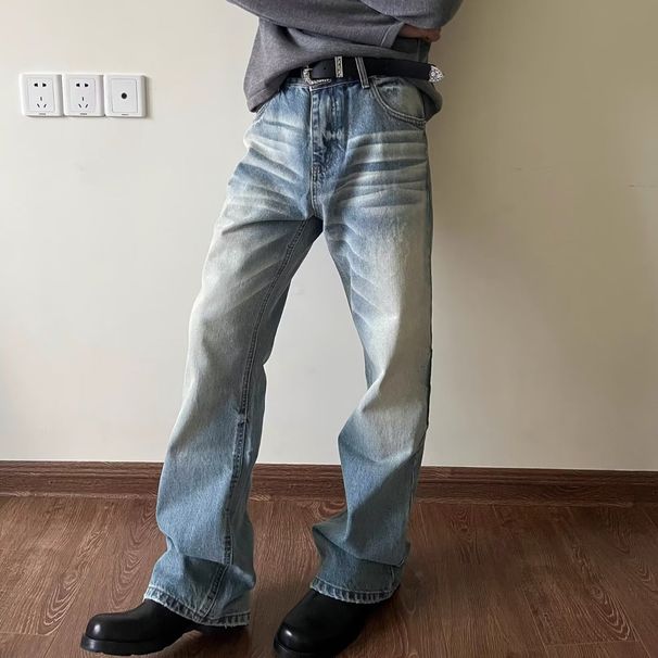 High Street American Style Washed Vintage Jeans For Men Loose Straight Slightly Flared Slimming Pants_mkmklike.com