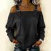 Women's Off Shoulder Long Sleeve Denim Blouse, Adjustable Strap Cold Shoulder Casual Top, Loose Fit Curved Hem Jeans Shirt For Daily Wear Streetwear,_mkmklike.com