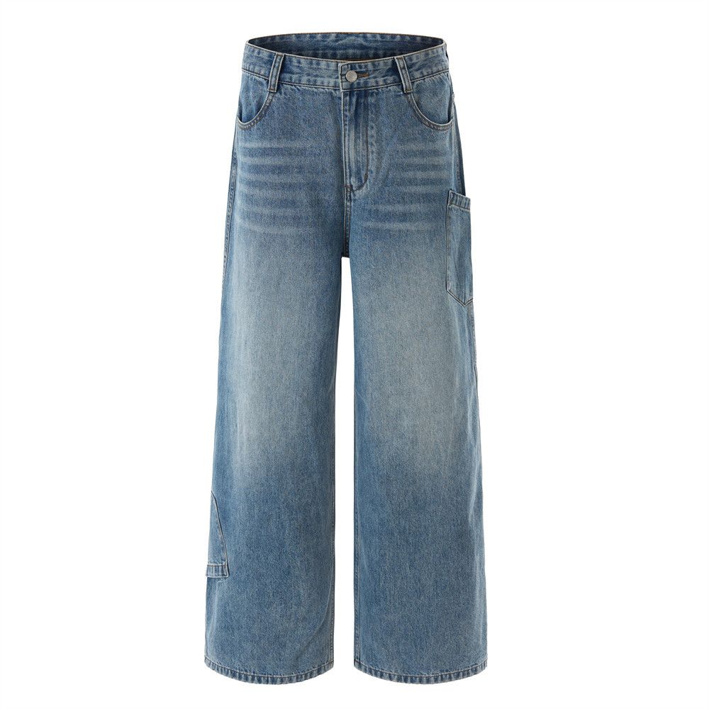 American High Street Washed Faded Loose Jeans For Men Cleanfit Pocket Design Cargo Wide Leg Pants_mkmklike.com