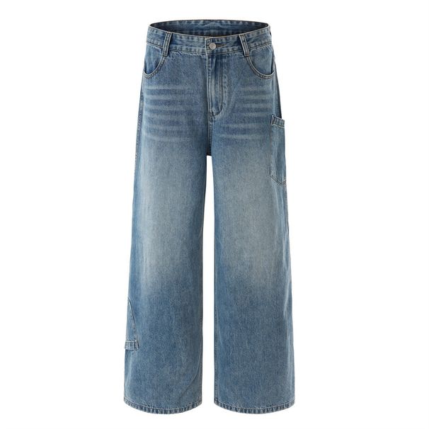 American High Street Washed Faded Loose Jeans For Men Cleanfit Pocket Design Cargo Wide Leg Pants_mkmklike.com