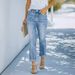 Stretch Denim Straight Leg Jeans For Women - Comfortable High Elasticity Slim Fit Pants With 3D Patterns, Classic Light Blue & Dark Blue Options_mkmklike.com