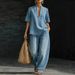 European And American Loose And Casual Denim Suit, Lazy Style V-neck Fashion Casual Wide-leg Jeans For Women_mkmklike.com