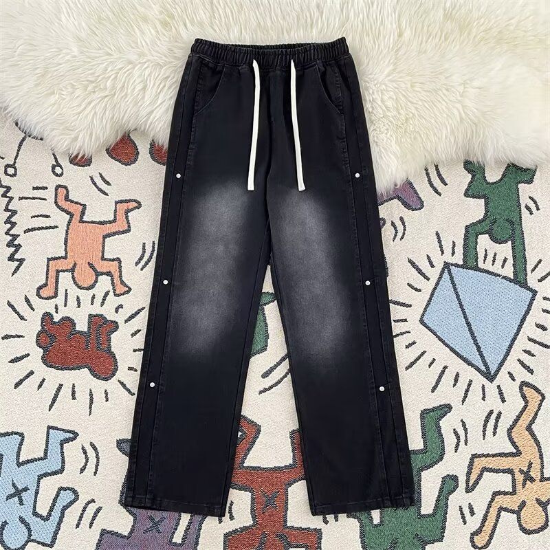 Men's Mid-Waist Straight Leg Jeans Loose Casual Drawstring Pants Japanese Trendy Washed Retro Blue Non-Stretch Long_mkmklike.com