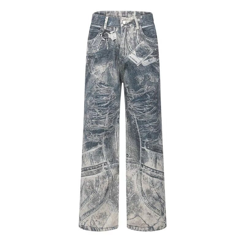 Retro 3D Print Jeans For Men – High Street Baggy Denim Pants With Vintage Wash (Hip-Hop Inspired, Cotton Blend, Straight-Leg, Mid-Rise, S-3XL)_mkmklike.com