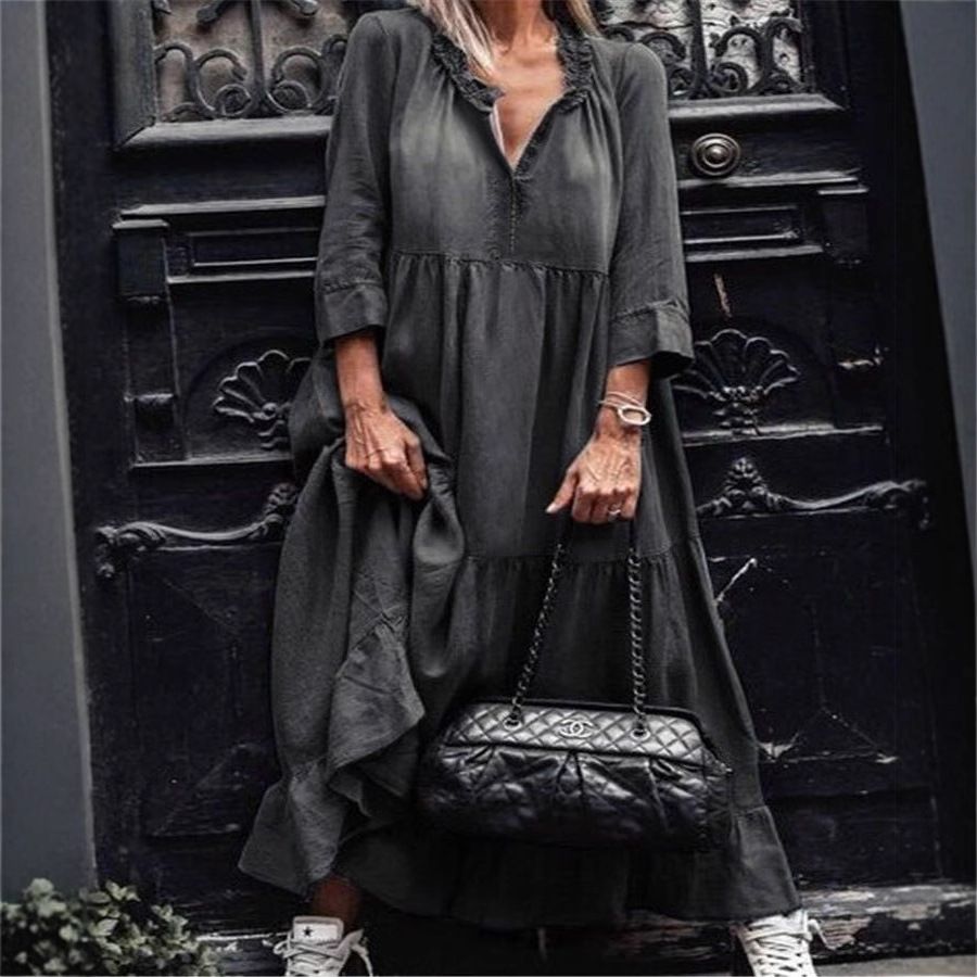 Women's Clothing Washed Denim Mid Length Sleeve Pleated Long Dress_mkmklike.com