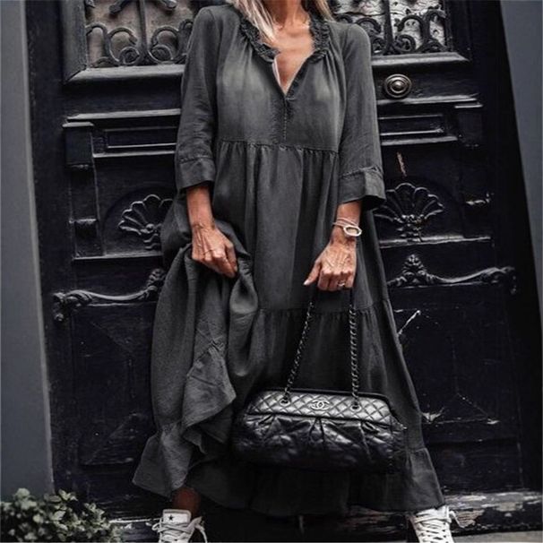 Women's Clothing Washed Denim Mid Length Sleeve Pleated Long Dress_mkmklike.com
