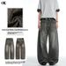 Unisex Straight Leg Whiskered Jeans Clean Fit Loose Versatile Wide Leg Pants Midweight Cotton Black Washed Distressed 11KN_mkmklike.com