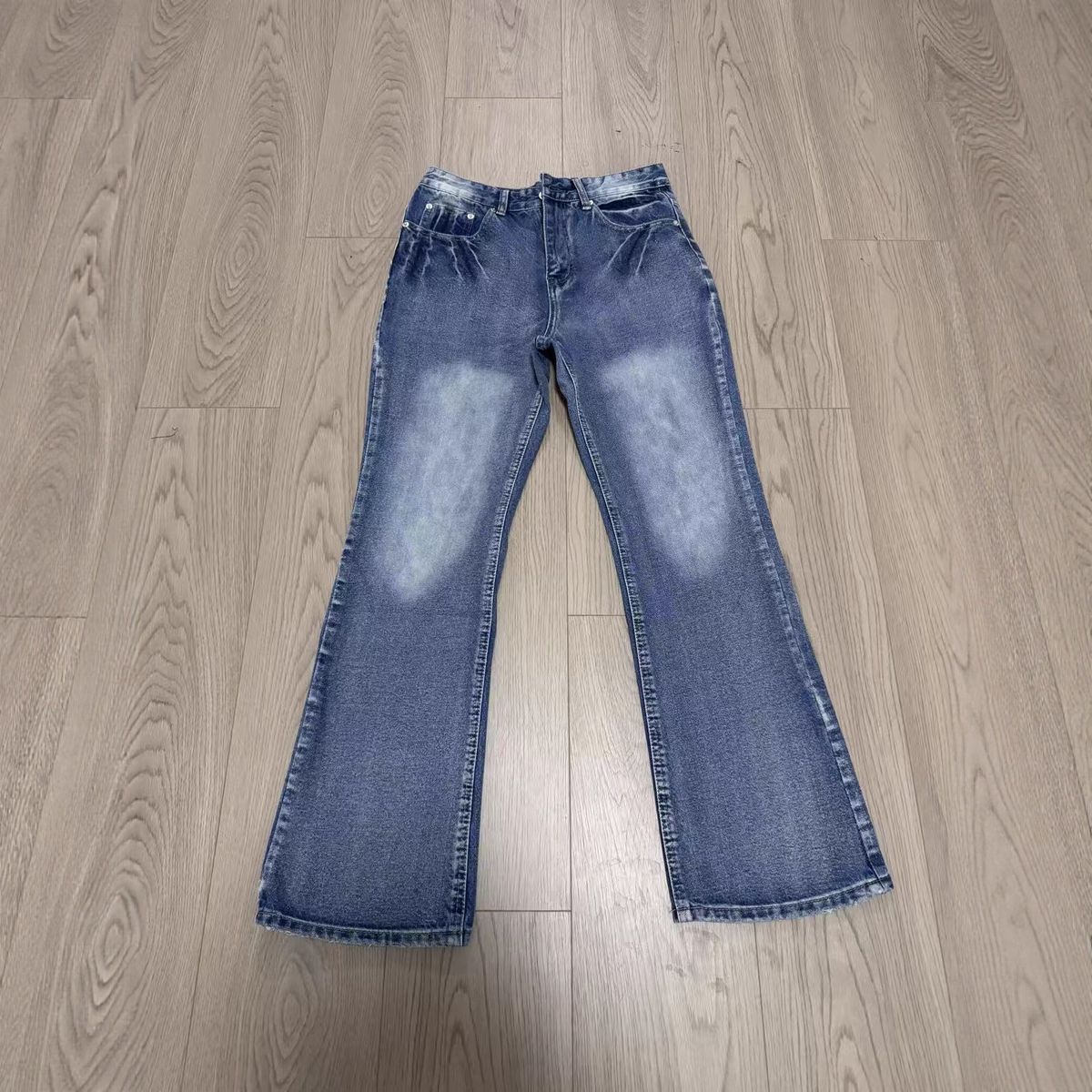 "Men's Vintage Washed Blue Flared Jeans – Parisian-Inspired Dirty Fit | Retro 70s Bell Bottoms | Lost Videotape Wash Effect"_mkmklike.com