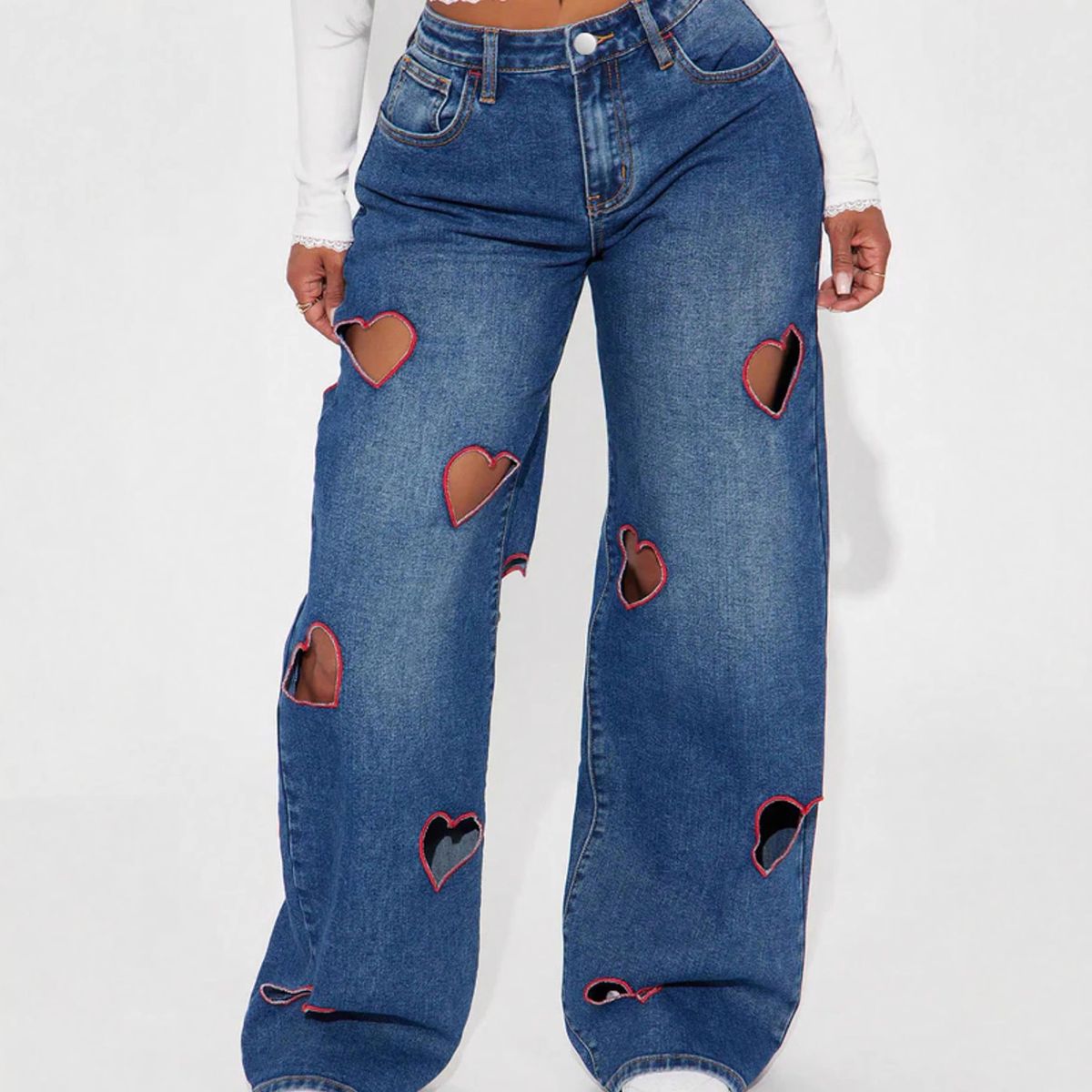 Women's American Style Hollow Out Heart Embroidered Wide Leg Pants Loose Floor Length_mkmklike.com