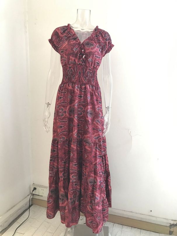 bohemian style new long dress, waist cinching floral print large swing dress_mkmklike.com