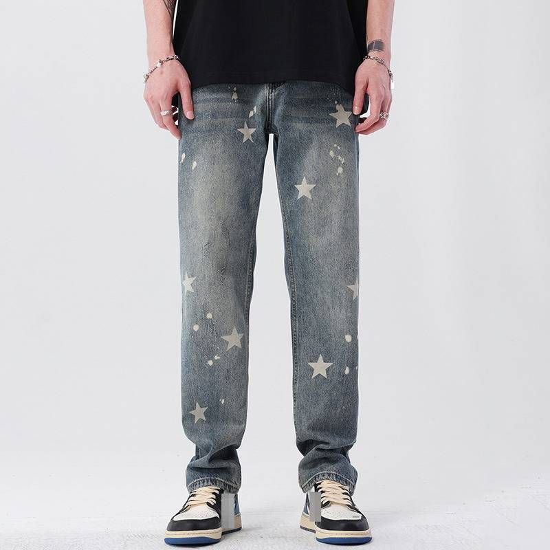 Men's Street Style Jeans - Relaxed Straight Fit With Star Wash & Wide Leg Design For All Seasons_mkmklike.com
