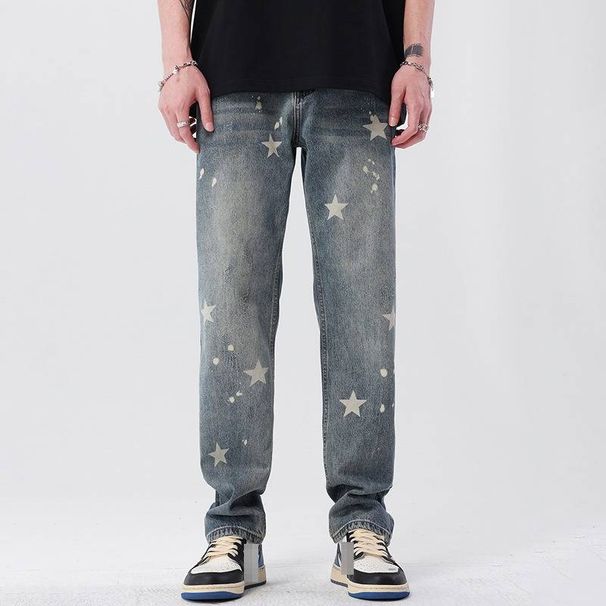 Men's Street Style Jeans - Relaxed Straight Fit With Star Wash & Wide Leg Design For All Seasons_mkmklike.com