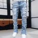 Men's Distressed Denim Jeans Slim Straight High Street Fashion Patchwork Raw Hem Casual Breathable Cotton Blend Pants_mkmklike.com