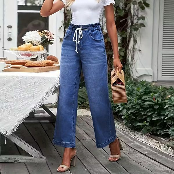 ELLE Cross-Border European And American Women's Fashion 2025 Spring New Lace-Up Stretch Jeans Straight-Leg Elegant Wide-Leg_mkmklike.com