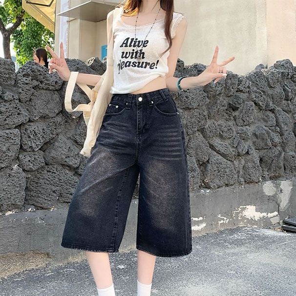 Vintage High-Waisted Denim Shorts For Women – Distressed Washed Wide Leg Cropped Pants, Casual Streetwear, Summer Comfort_mkmklike.com