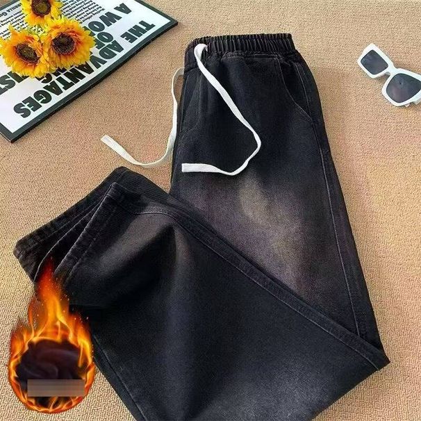 Men's Fleece-Lined Retro Jeans – Elastic Waist, Wide Leg & High Street Straight Fit In Black/Retro Blue_mkmklike.com