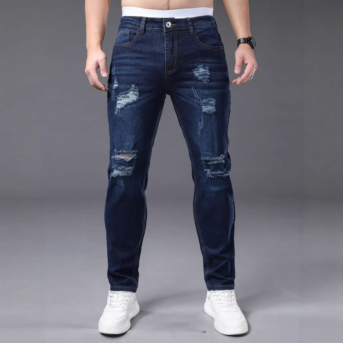 Men's Dark Wash Slim Fit Ripped Jeans - High Street Stretch Cropped Denim With Distressed Details (S-2XL)_mkmklike.com